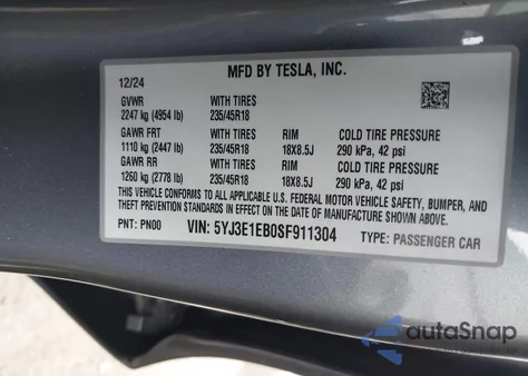 2025 Tesla Model 3 Long Range All-Wheel Drive from USA, damaged, VIN 5YJ3E1EB0SF911304